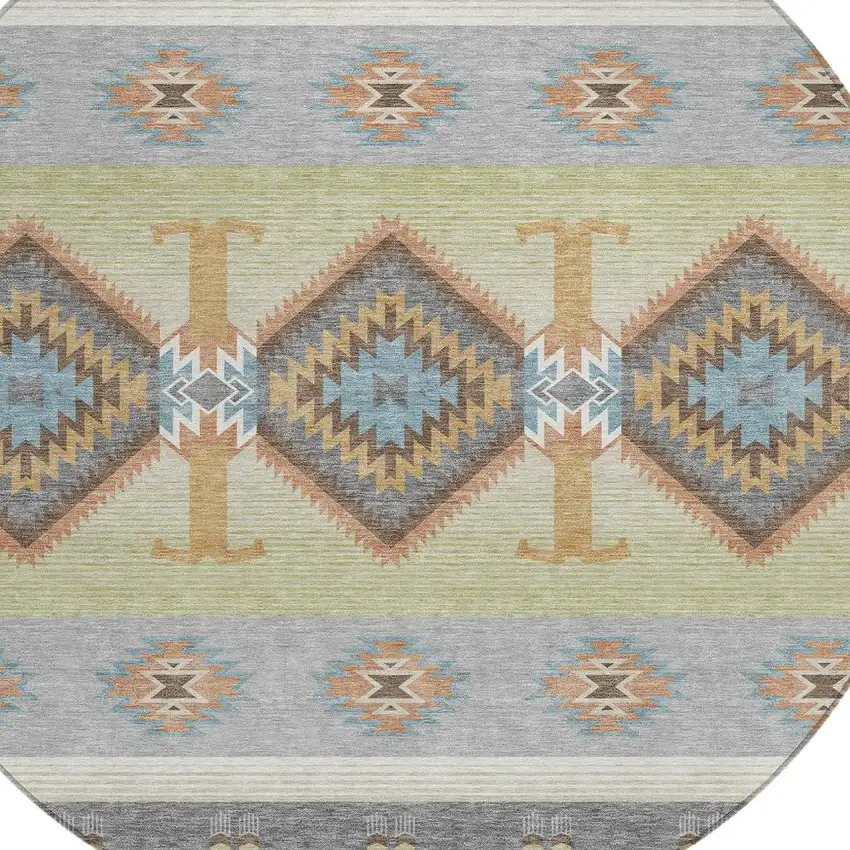 8' Gray And Green Round Southwestern Washable Indoor Outdoor Area Rug Photo 3