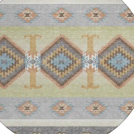 8' Gray And Green Round Southwestern Washable Indoor Outdoor Area Rug Photo 3