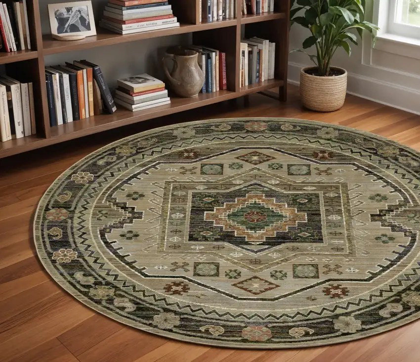 8' Gray And Green Tribal Round Rug Photo 1
