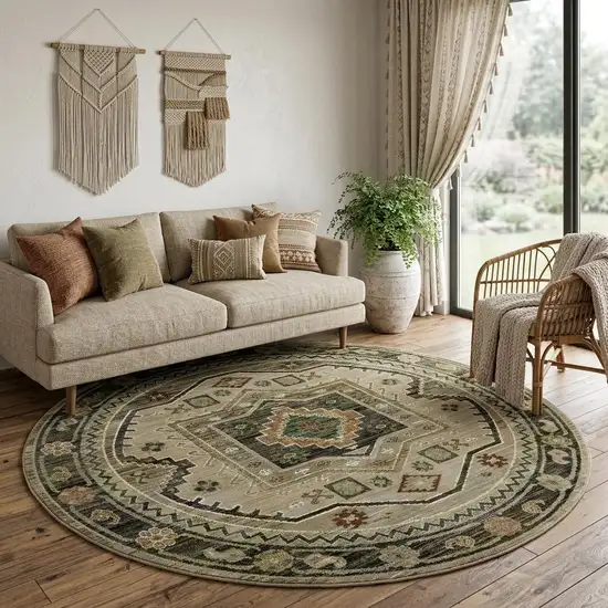 8' Gray And Green Tribal Round Rug Photo 1