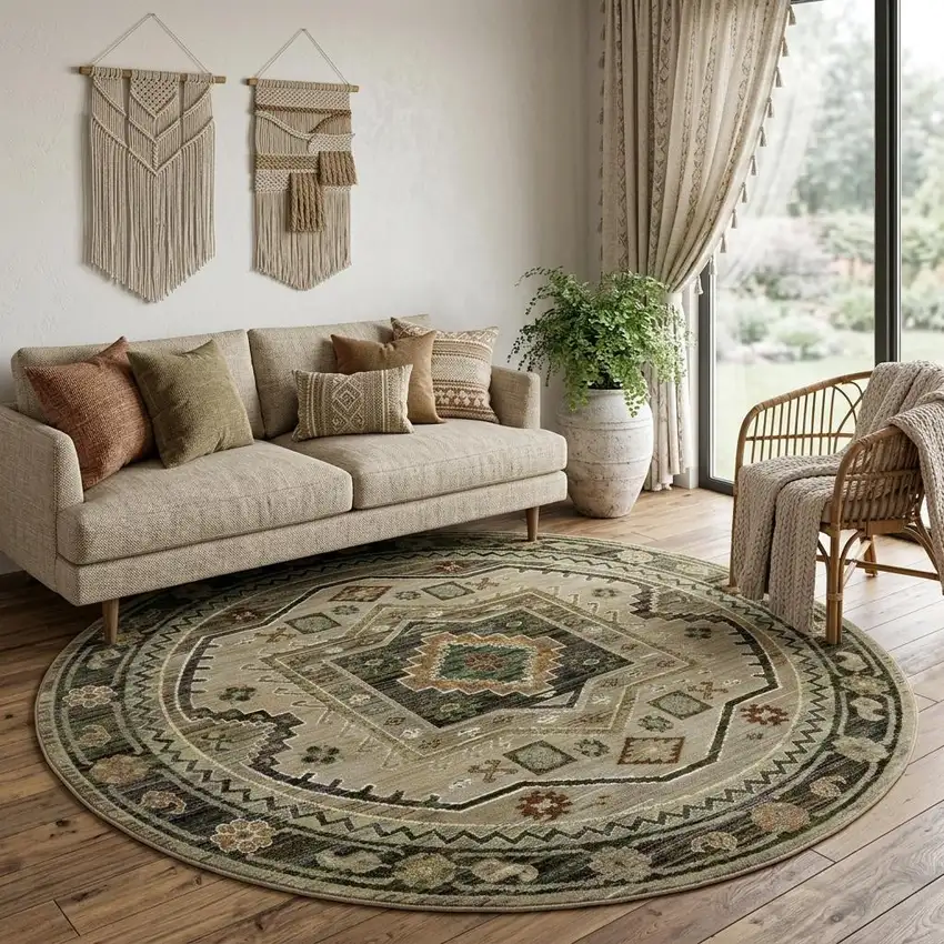 8' Gray And Green Tribal Round Rug Photo 1