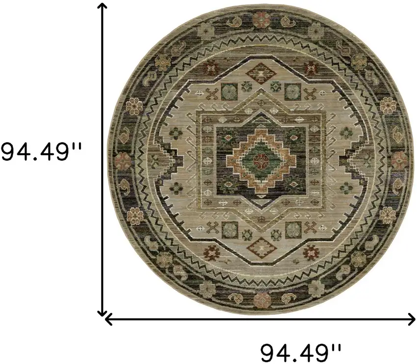 8' Gray And Green Tribal Round Rug Photo 3