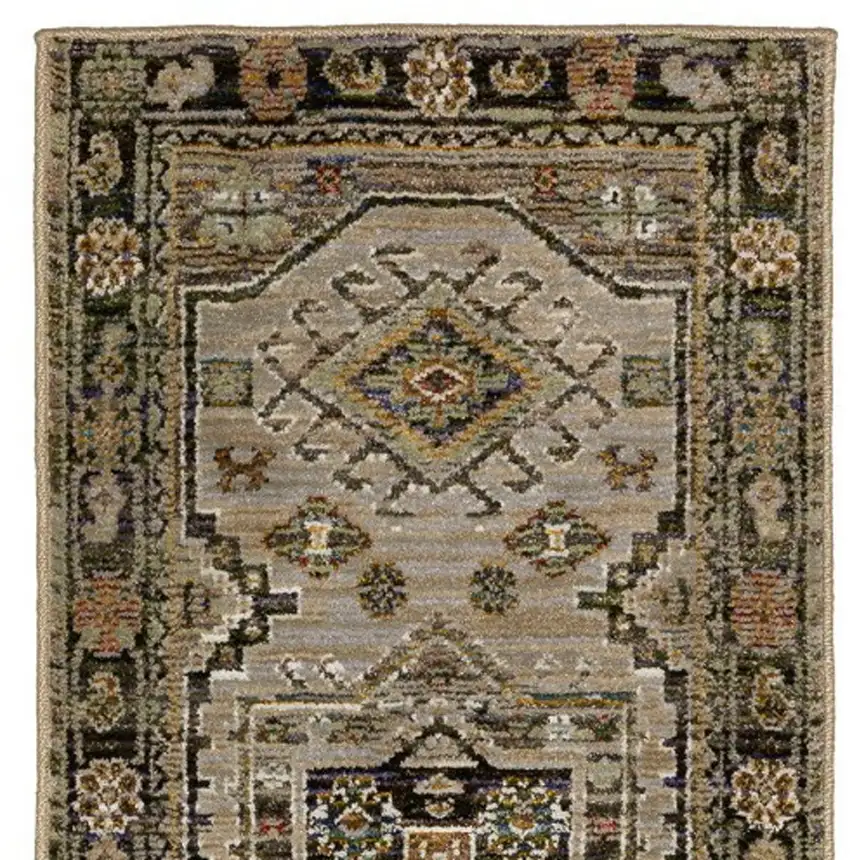 8' Gray And Green Tribal Runner Rug Photo 4