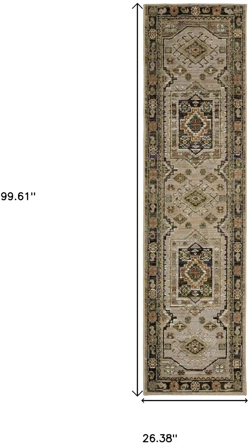 8' Gray And Green Tribal Runner Rug Photo 3