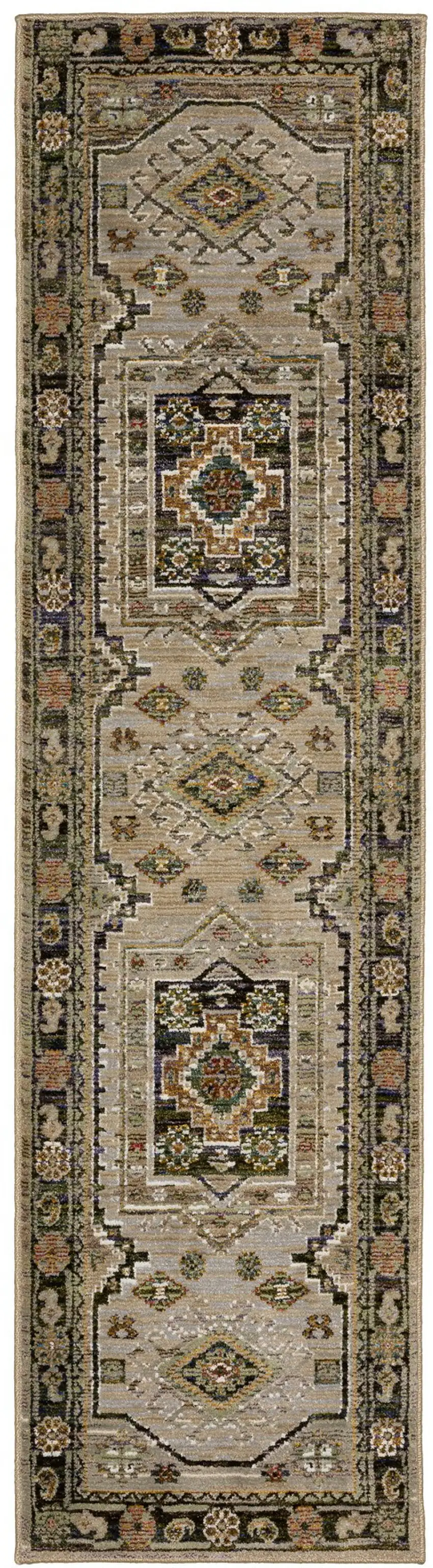 8' Gray And Green Tribal Runner Rug Photo 2