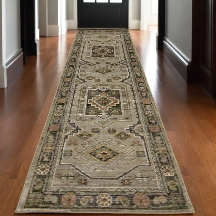 12' Gray And Green Tribal Runner Rug Photo 1
