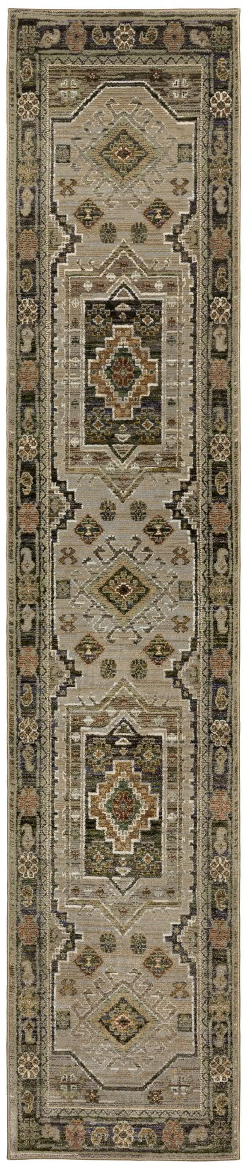 12' Gray And Green Tribal Runner Rug Photo 2