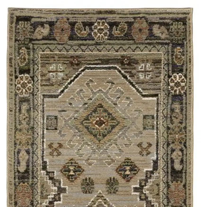 12' Gray And Green Tribal Runner Rug Photo 9