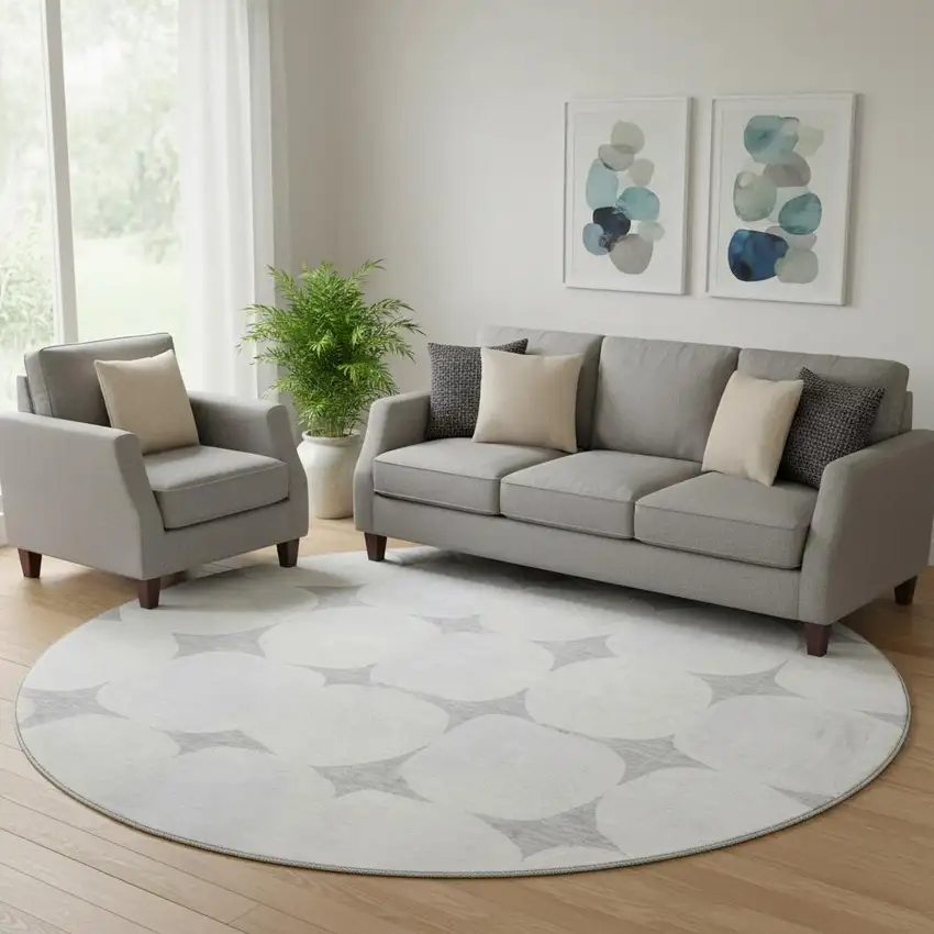 8' Gray And Ivory Abstract Geometric Washable Round Rug With UV Protection Photo 1