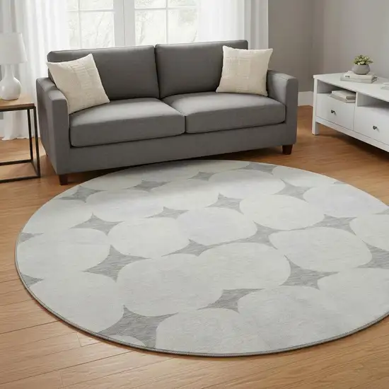 8' Gray And Ivory Abstract Geometric Washable Round Rug With UV Protection Photo 2