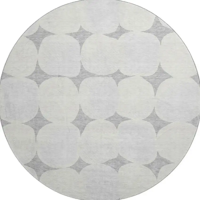 8' Gray And Ivory Abstract Geometric Washable Round Rug With UV Protection Photo 4