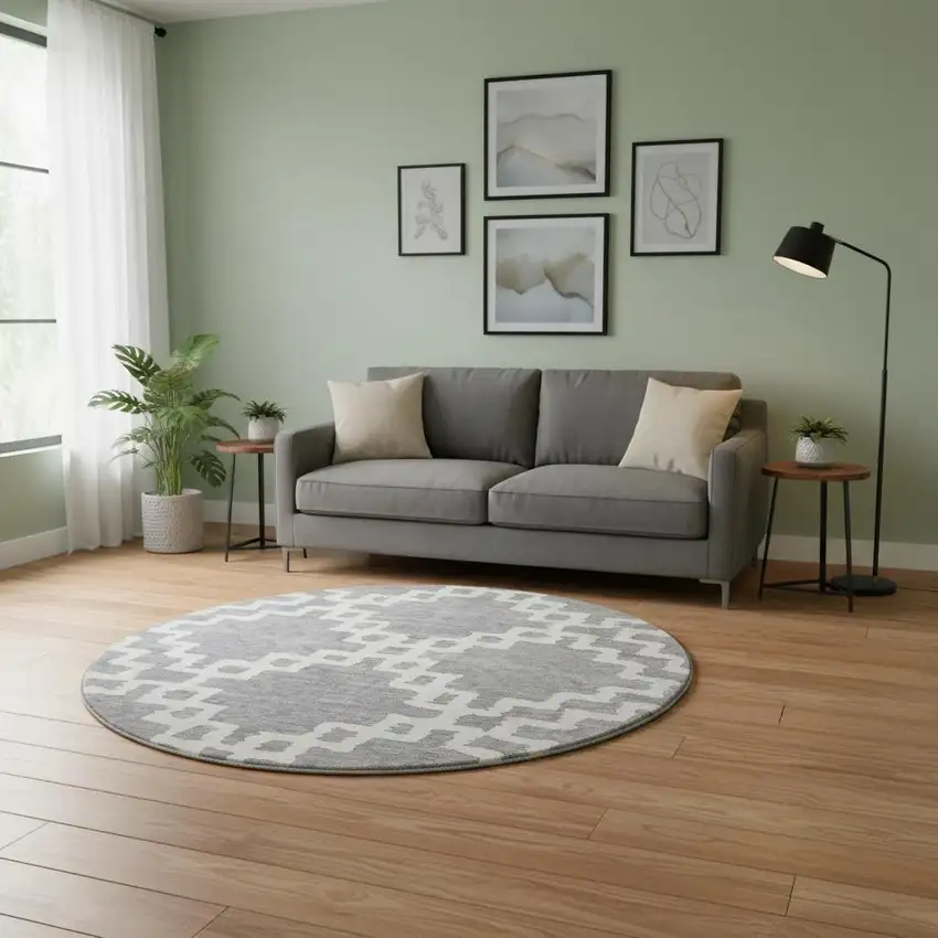 8' Gray And Ivory Abstract Geometric Washable Round Rug With UV Protection Photo 2