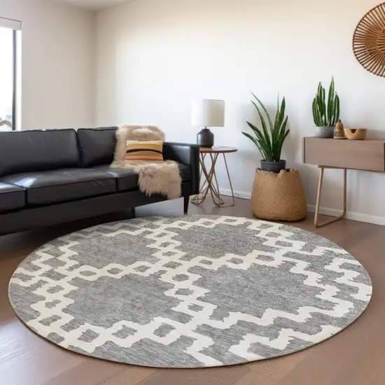 8' Gray And Ivory Abstract Geometric Washable Round Rug With UV Protection Photo 5