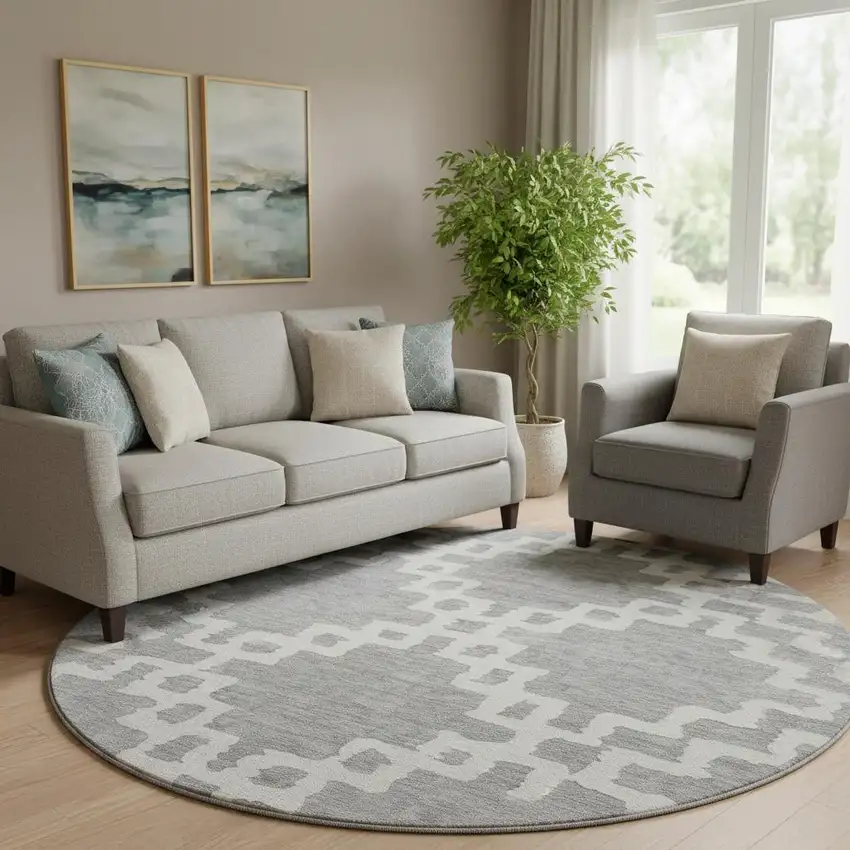 8' Gray And Ivory Abstract Geometric Washable Round Rug With UV Protection Photo 1