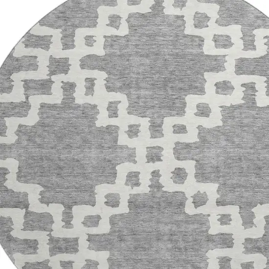 8' Gray And Ivory Abstract Geometric Washable Round Rug With UV Protection Photo 3