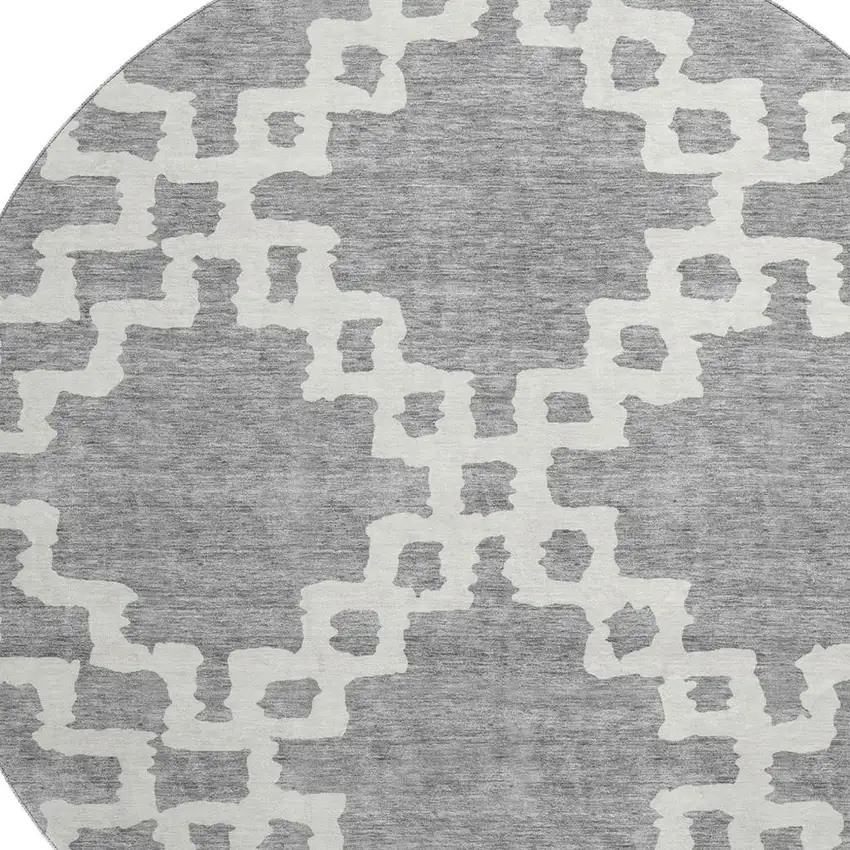 8' Gray And Ivory Abstract Geometric Washable Round Rug With UV Protection Photo 3