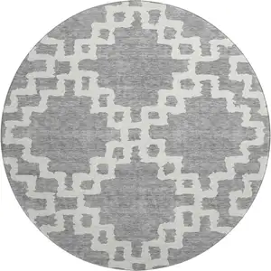 Photo of 8' Gray And Ivory Abstract Geometric Washable Round Rug With UV Protection