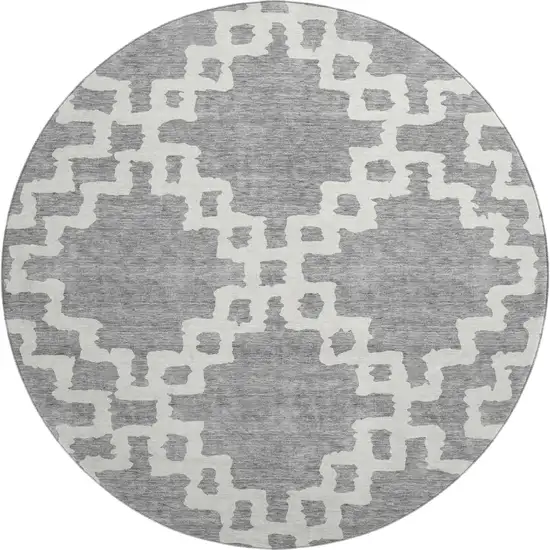 8' Gray And Ivory Abstract Geometric Washable Round Rug With UV Protection Photo 1