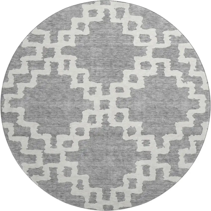 8' Gray And Ivory Abstract Geometric Washable Round Rug With UV Protection Photo 1