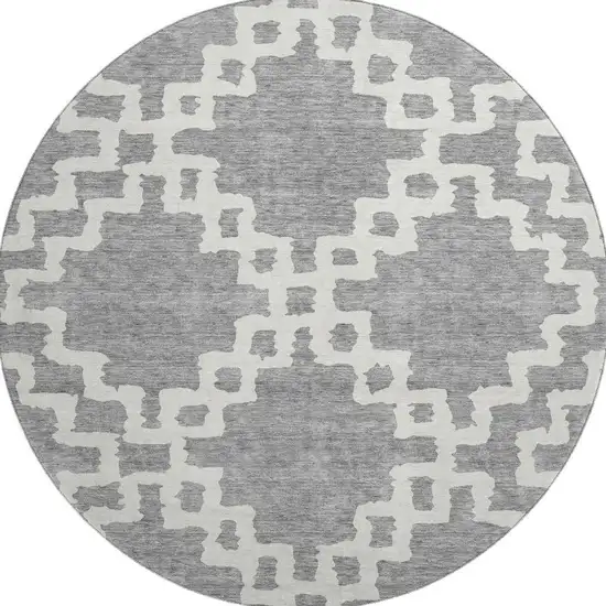 8' Gray And Ivory Abstract Geometric Washable Round Rug With UV Protection Photo 4