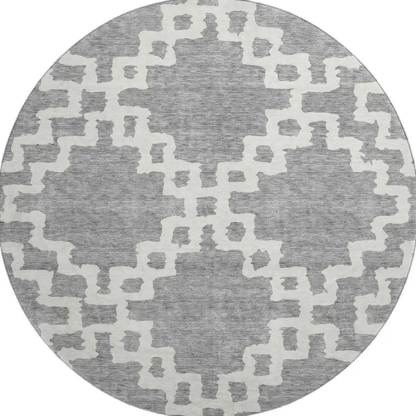 8' Gray And Ivory Abstract Geometric Washable Round Rug With UV Protection Photo 4
