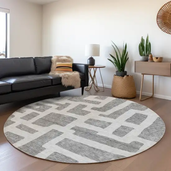 8' Gray And Ivory Abstract Geometric Washable Round Rug With UV Protection Photo 5