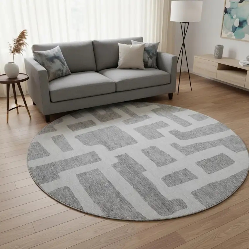 8' Gray And Ivory Abstract Geometric Washable Round Rug With UV Protection Photo 2