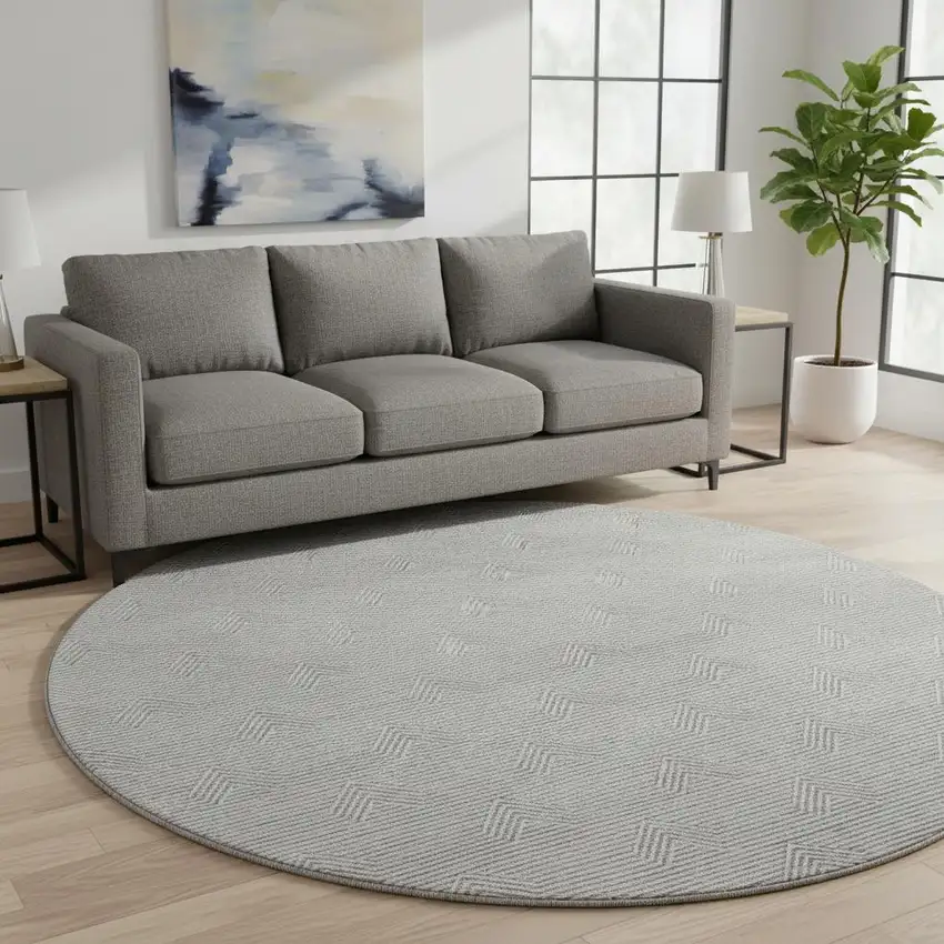 8' Gray And Ivory Abstract Geometric Washable Round Rug With UV Protection Photo 2