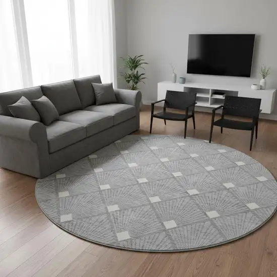 8' Gray And Ivory Abstract Geometric Washable Round Rug With UV Protection Photo 2