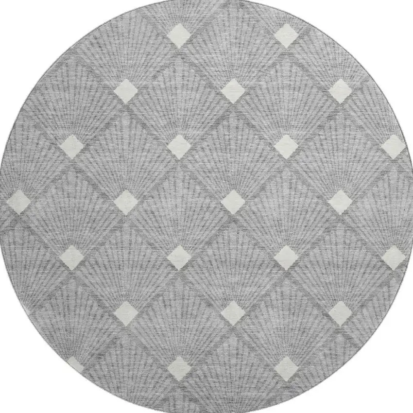 8' Gray And Ivory Abstract Geometric Washable Round Rug With UV Protection Photo 4