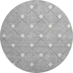 Photo of 8' Gray And Ivory Abstract Geometric Washable Round Rug With UV Protection