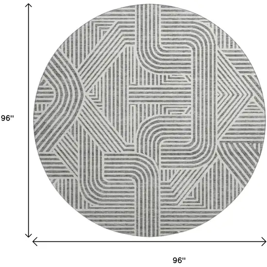 8' Gray And Ivory Abstract Geometric Washable Round Rug With UV Protection Photo 9