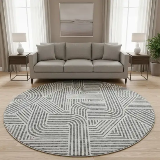 8' Gray And Ivory Abstract Geometric Washable Round Rug With UV Protection Photo 2