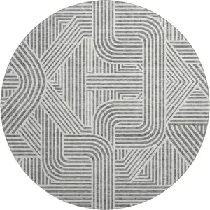 Photo of 8' Gray And Ivory Abstract Geometric Washable Round Rug With UV Protection