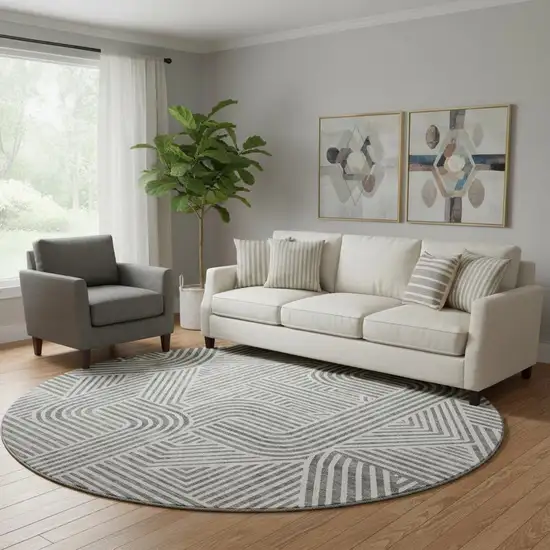 8' Gray And Ivory Abstract Geometric Washable Round Rug With UV Protection Photo 1