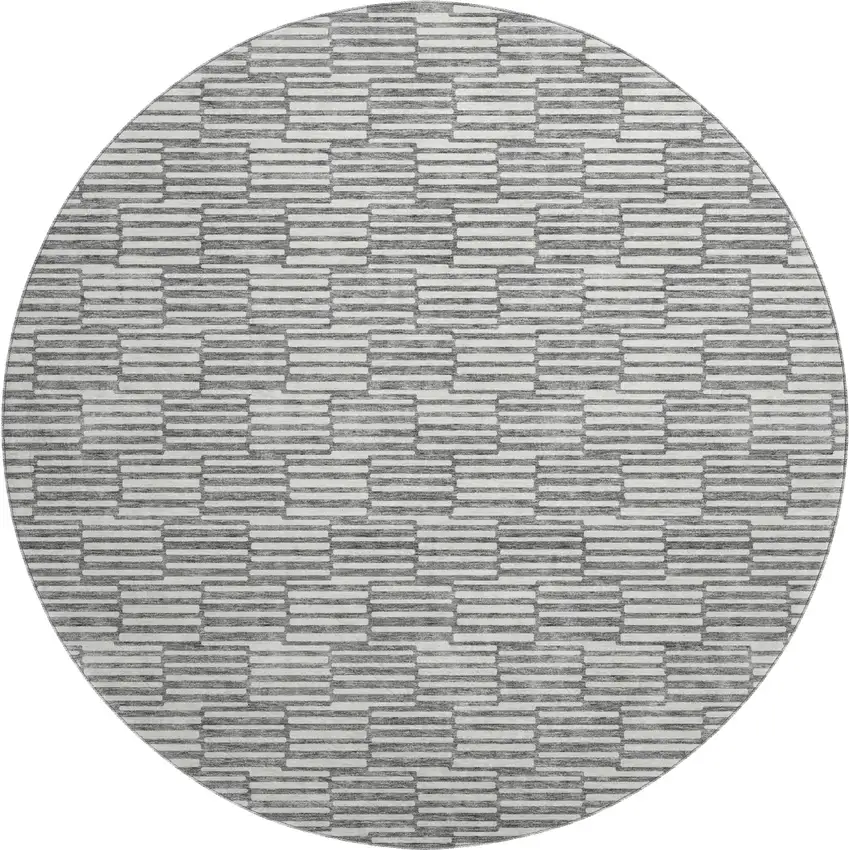 8' Gray And Ivory Abstract Geometric Washable Round Rug With UV Protection Photo 1