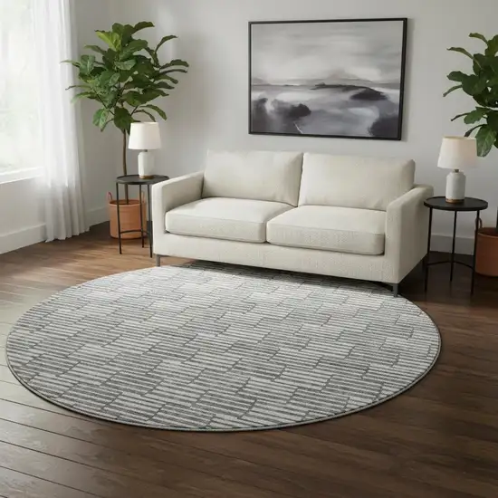 8' Gray And Ivory Abstract Geometric Washable Round Rug With UV Protection Photo 2