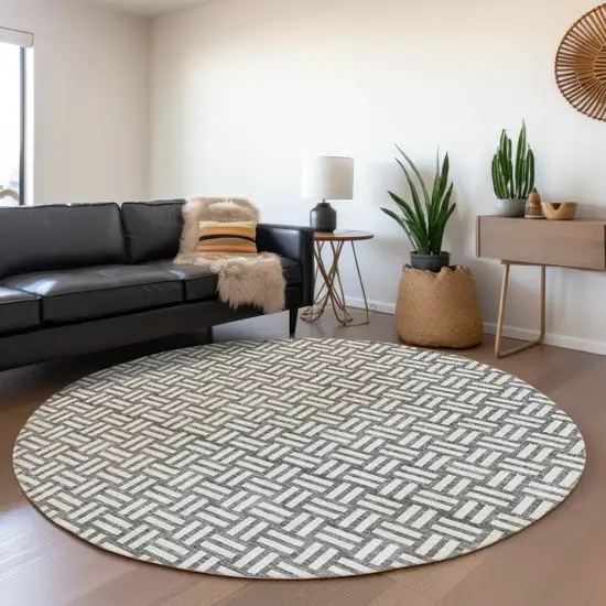 8' Gray And Ivory Abstract Geometric Washable Round Rug With UV Protection Photo 4
