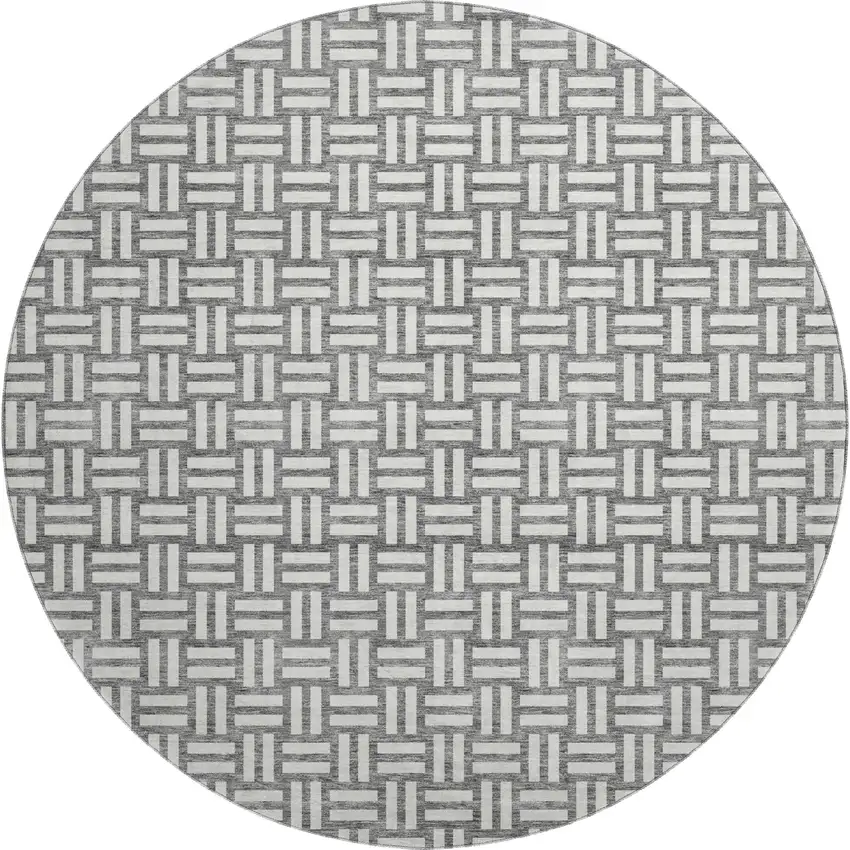 8' Gray And Ivory Abstract Geometric Washable Round Rug With UV Protection Photo 1