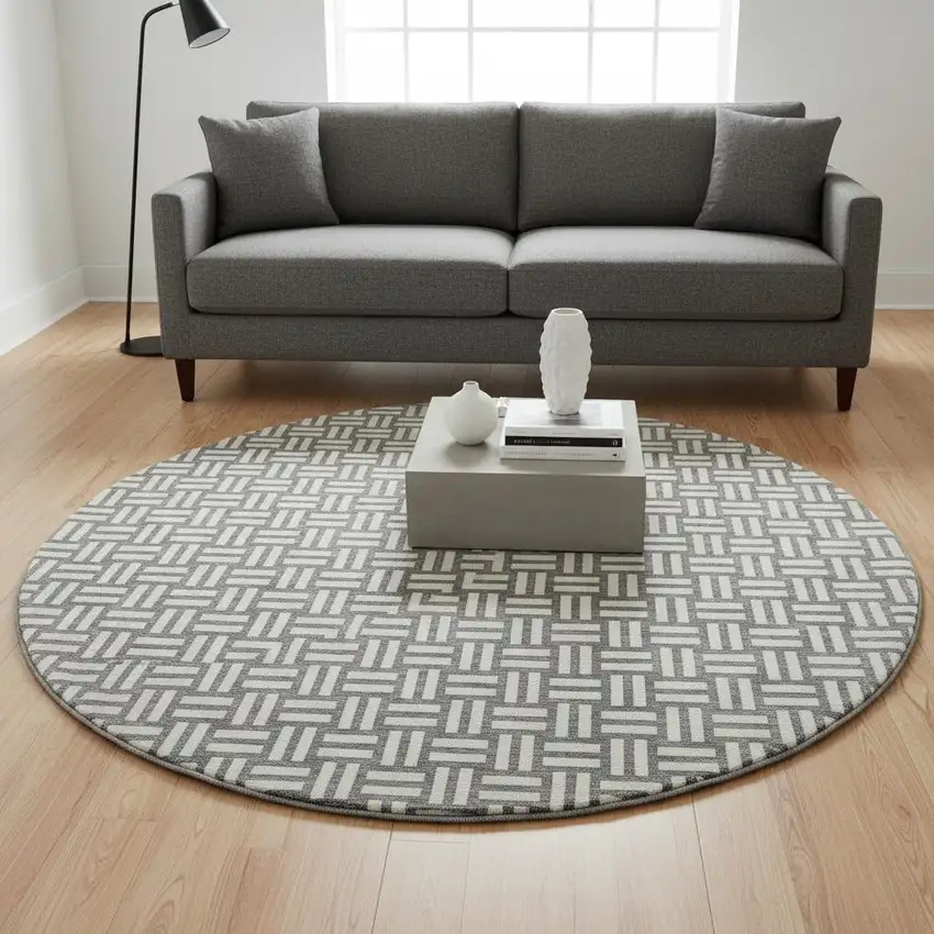 8' Gray And Ivory Abstract Geometric Washable Round Rug With UV Protection Photo 2
