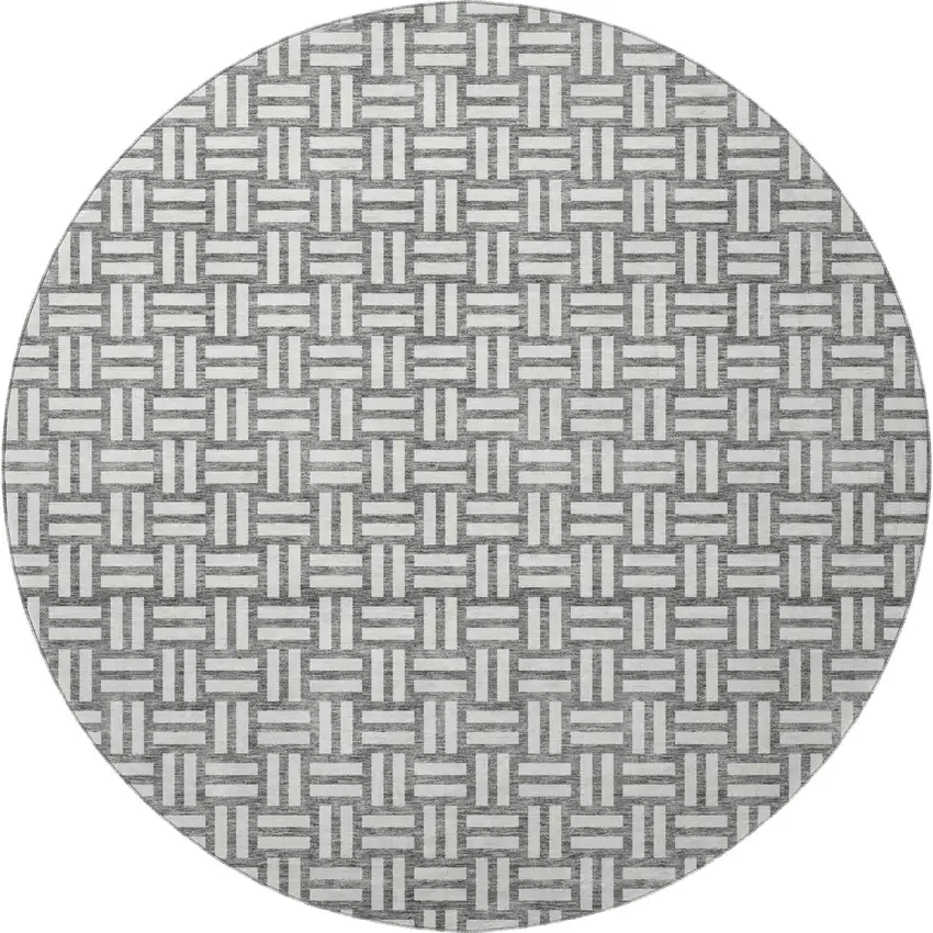 8' Gray And Ivory Abstract Geometric Washable Round Rug With UV Protection Photo 3