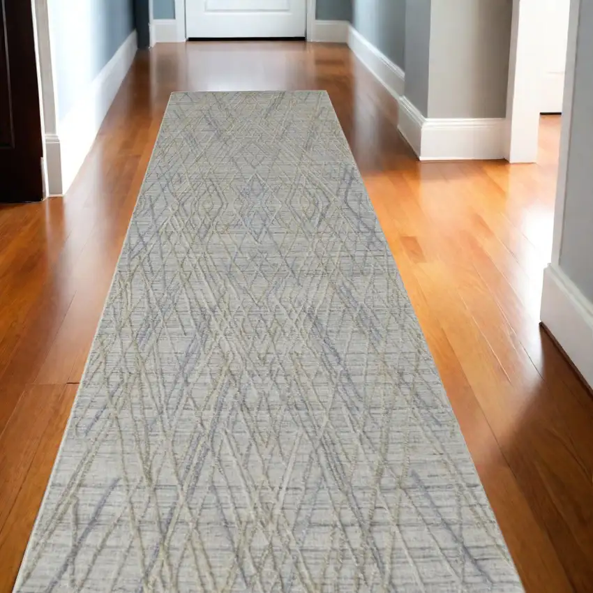 10' Gray and Ivory Abstract Hand Woven Runner Rug Photo 1