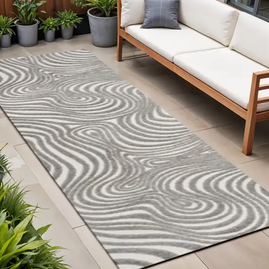 10' Gray And Ivory Abstract Indoor Outdoor Runner Rug Photo 1