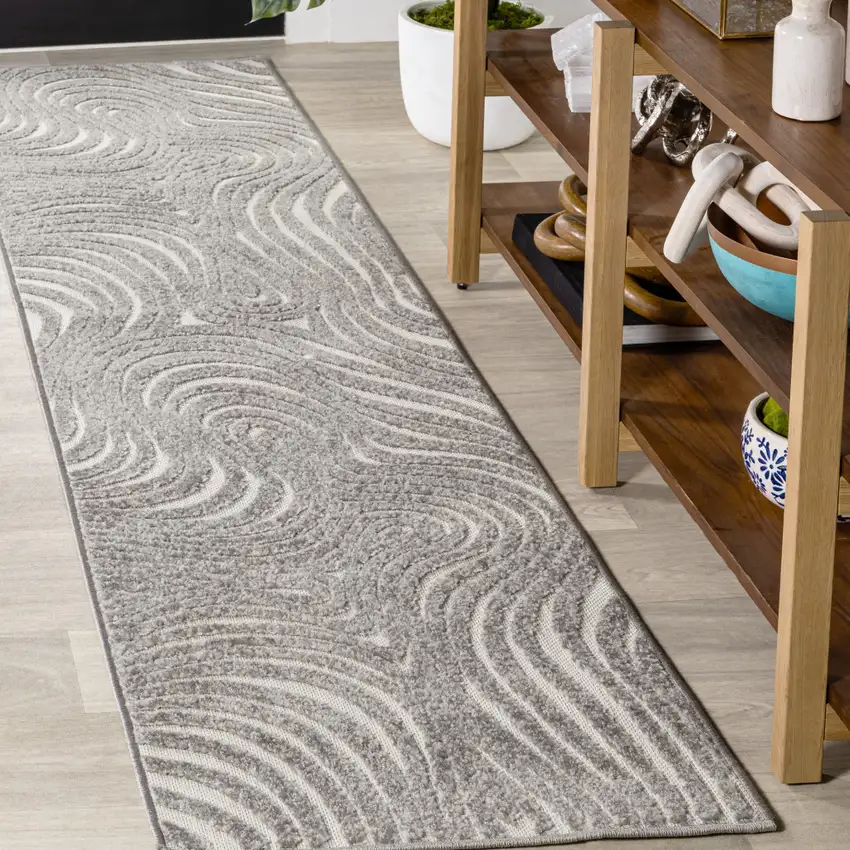 10' Gray And Ivory Abstract Indoor Outdoor Runner Rug Photo 3