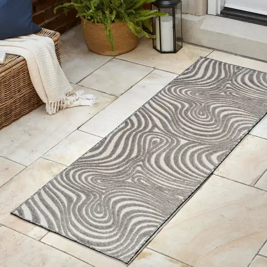 10' Gray And Ivory Abstract Indoor Outdoor Runner Rug Photo 4