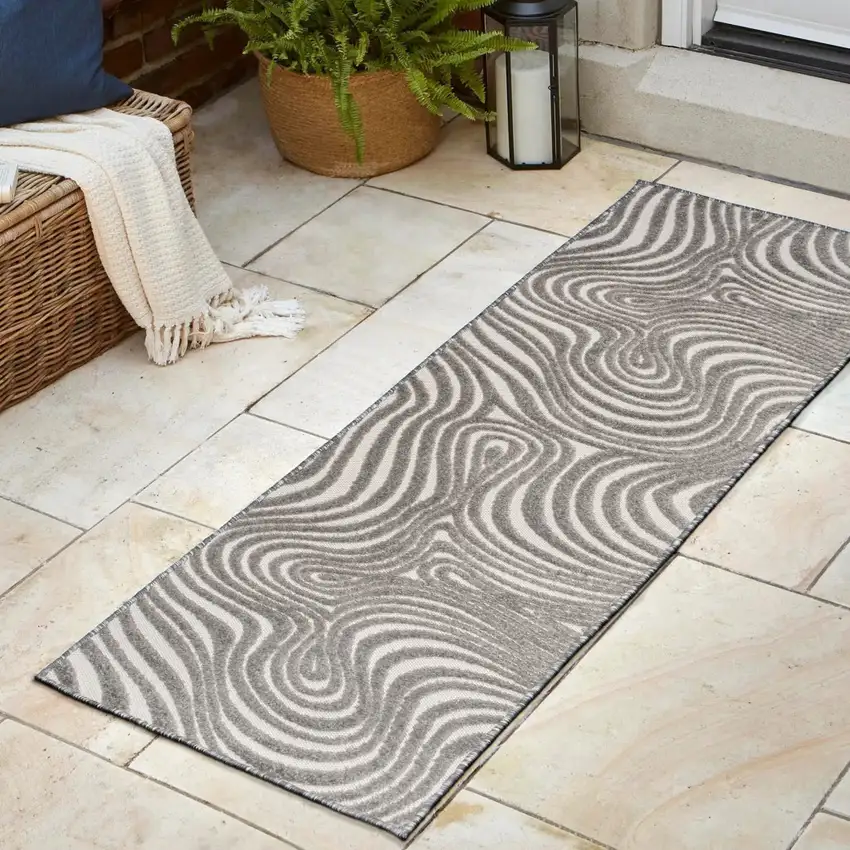 10' Gray And Ivory Abstract Indoor Outdoor Runner Rug Photo 4
