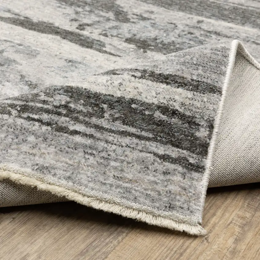 8' Gray And Ivory Abstract Runner Rug With Fringe Photo 9
