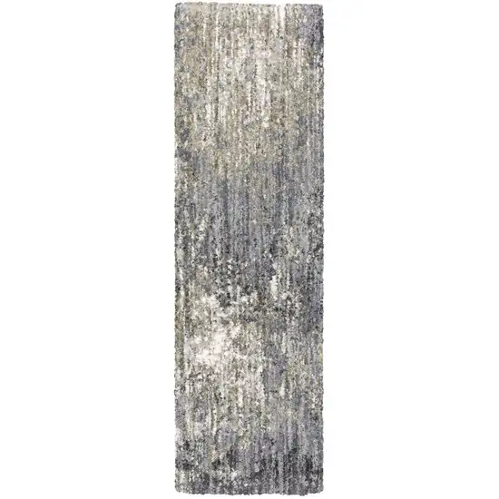 8' Gray And Ivory Abstract Shag Runner Rug Photo 2