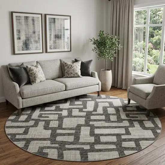 8' Gray And Ivory Abstract Washable Round Rug With UV Protection Photo 1