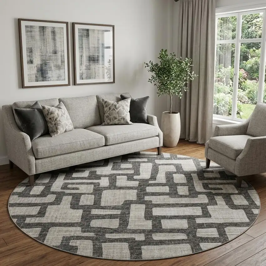 8' Gray And Ivory Abstract Washable Round Rug With UV Protection Photo 1